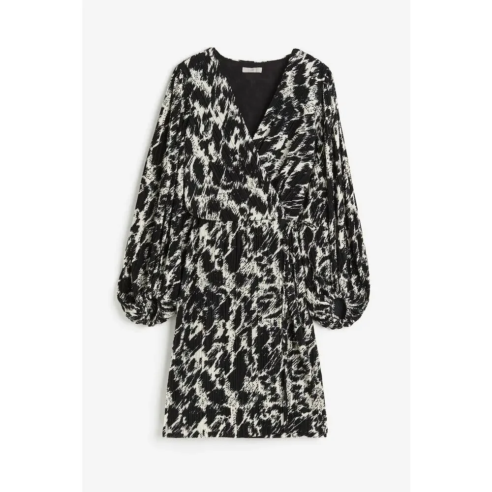 H&M XL Plisse Wrap Dress Black Leopard Print Balloon Sleeve mobwife edgy party